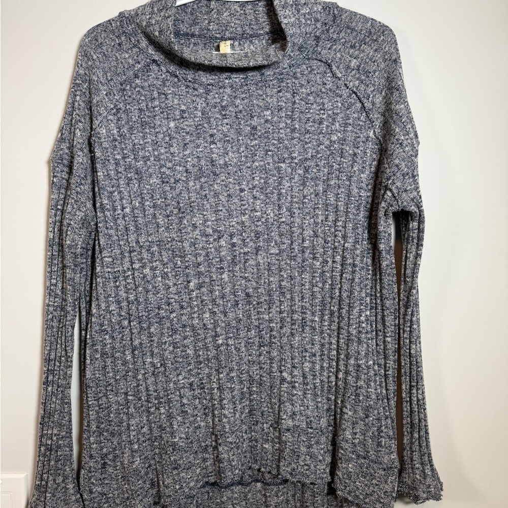 🌊 Free‎ People Blue Marled Ribbed Mock Neck Top Size Small (S/P)